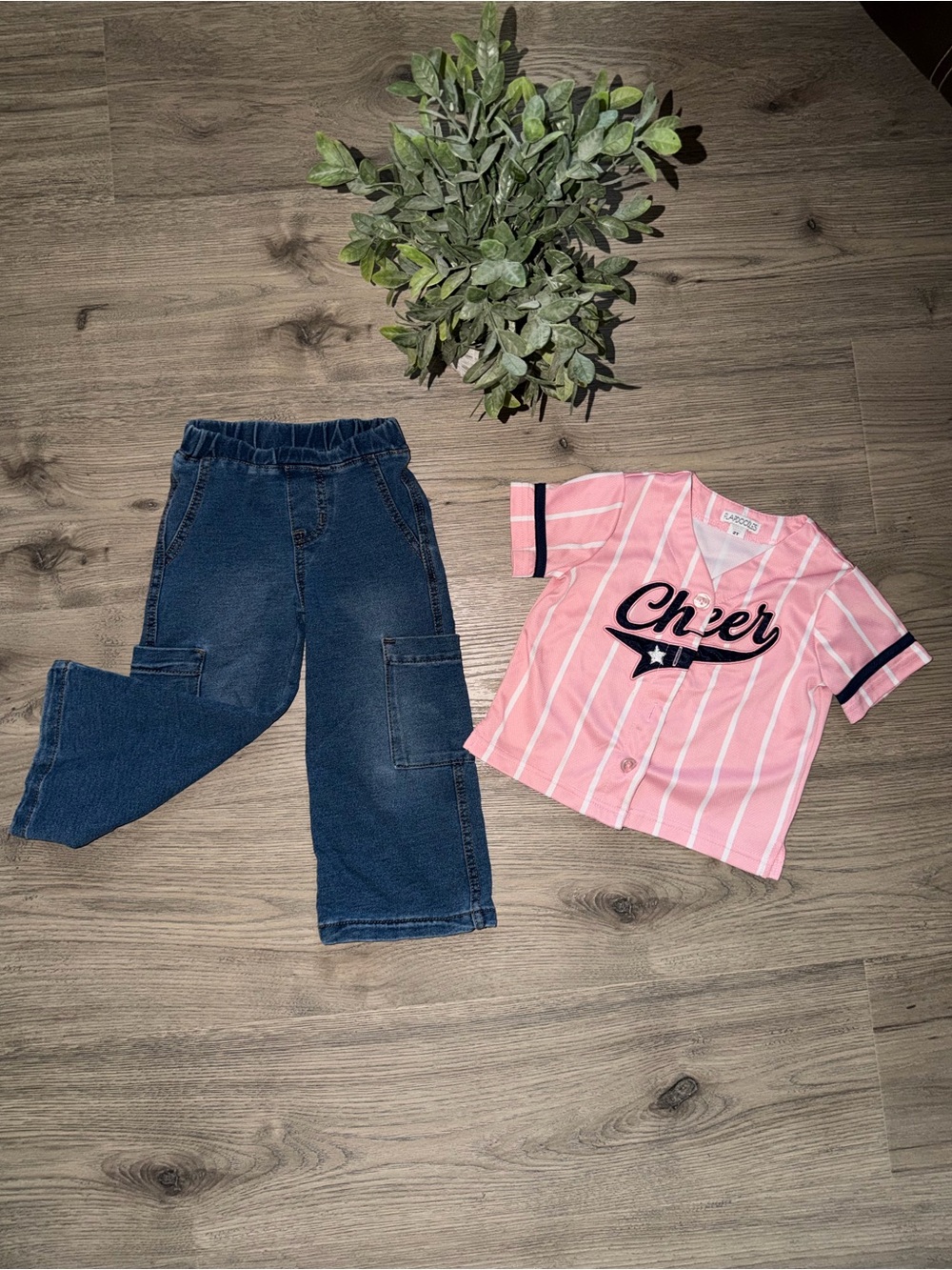 Kids Pink 'Cheer' Baseball Jersey  and Dark Blue Cargo Jeans Set